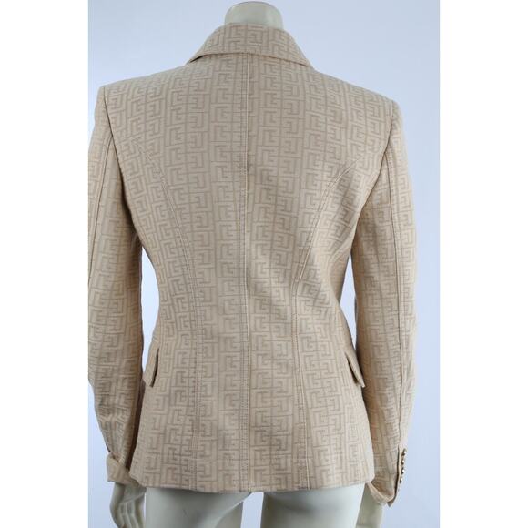 Balmain Beige Logo Jacquard Cotton Twill Double Breasted Blazer Jacket Size 40 - Picture 12 of 16